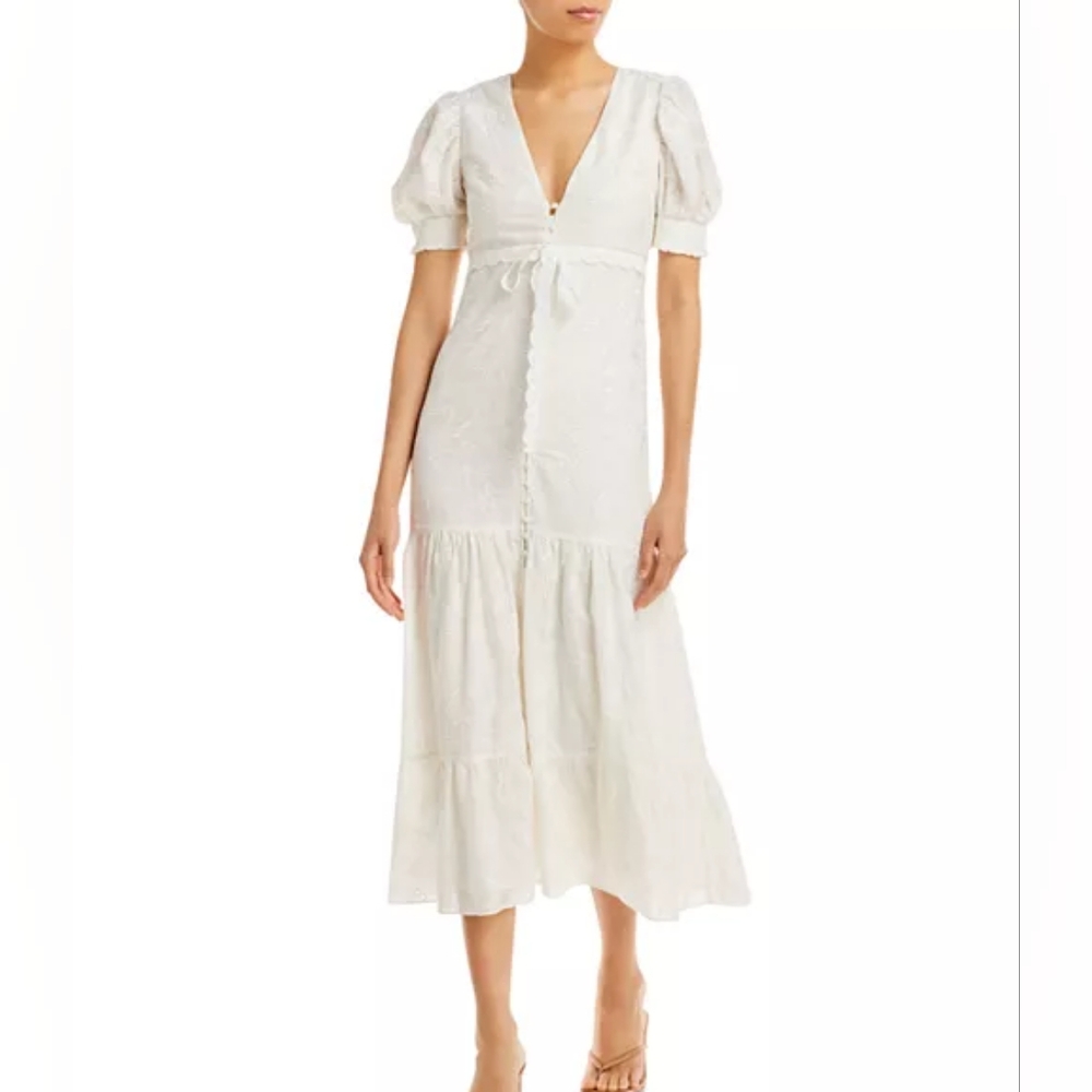 NWOT Alice & Olivia‎ White Puff Sleeve Cotton Embroidered Midi Dress Sz 6